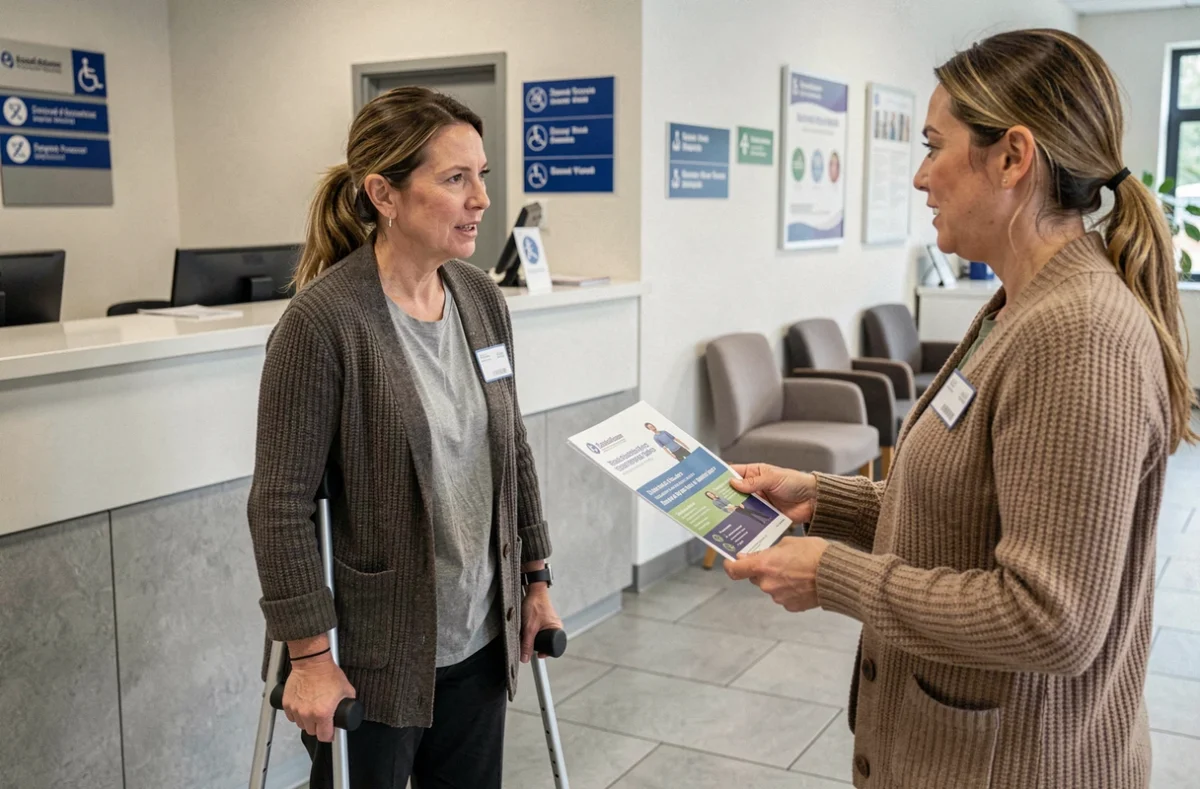 Femme en situation de handicap consultant une receptionniste dans un centre de services sociaux avec brochure sur les droits