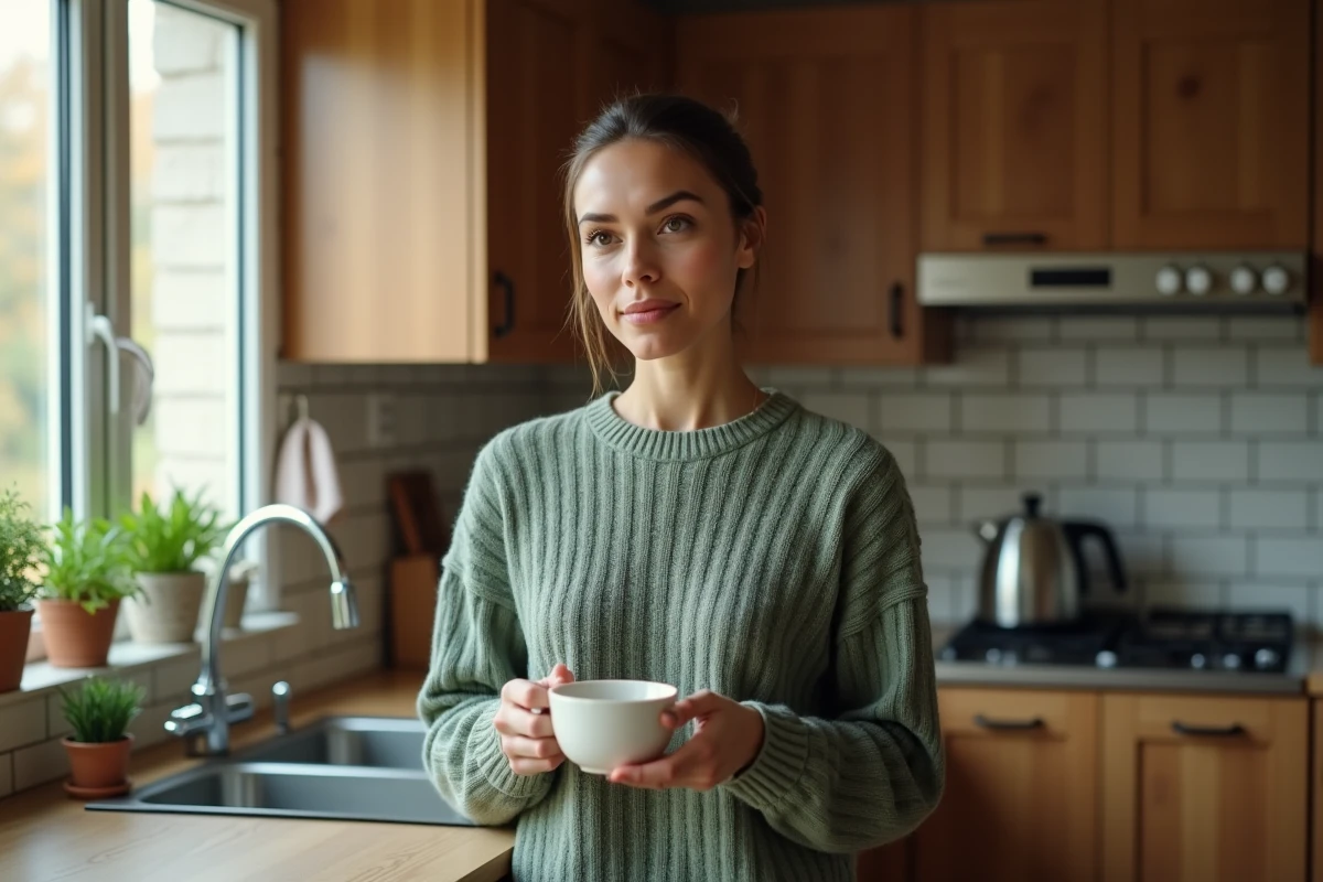 Femme tenant une tasse de thé dans une cuisine, son mari en arrière-plan, illustrant la distance dans un couple