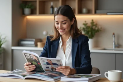 Jeune femme professionnelle feuilletant des magazines dans la cuisine