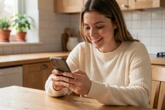 Jeune femme émue lisant un message de demande de marraine sur son smartphone dans une cuisine chaleureuse