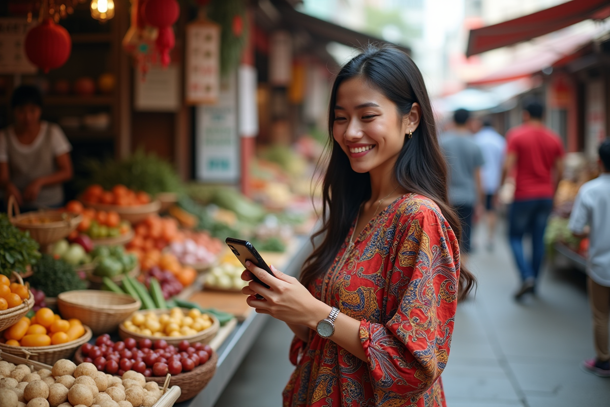 Jeune femme prenant en photo un marché coloré