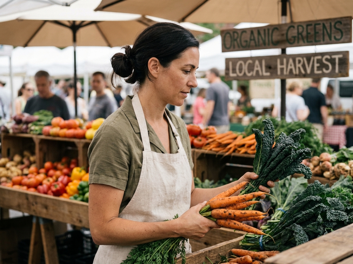 Femme choisissant des légumes bons pour la vue comme des carottes et du chou frisé dans un marché fermier