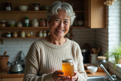 Femme souriante tenant un pot de miel dans sa cuisine chaleureuse