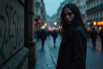 Femme mystérieuse dans une rue parisienne la nuit, évoquant la légende urbaine autour de La Femme de Jul