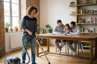 Femme souriante nettoyant un salon à Toulouse