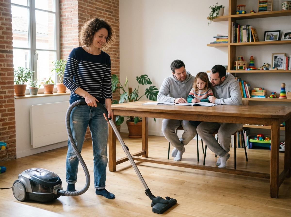 Femme souriante nettoyant un salon à Toulouse