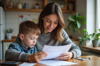 Femme et enfant regardant des papiers dans la cuisine