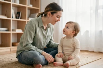 Jeune femme parlant doucement à un tout-petit assis sur un parquet en bois dans un salon minimaliste chaleureux