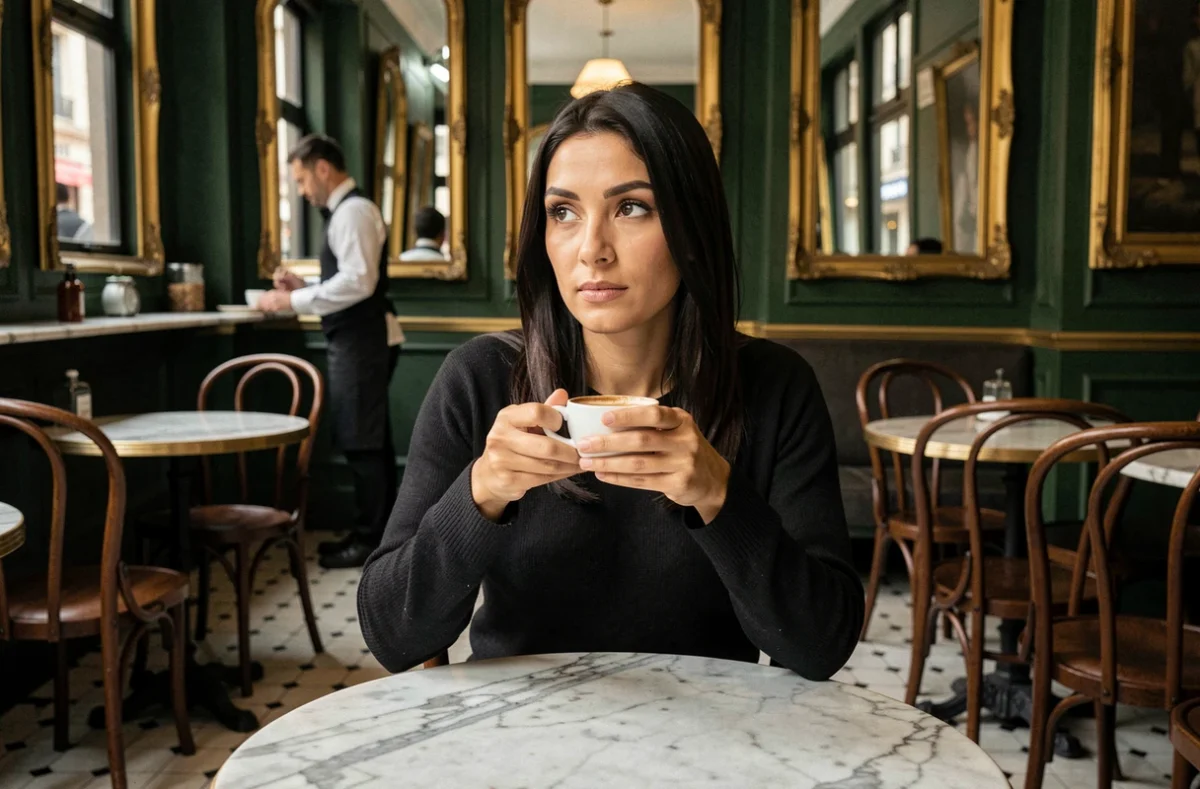 Femme pensive seule dans une brasserie parisienne classique tenant un café, évoquant la discrétion et la vie intime d'une personnalité