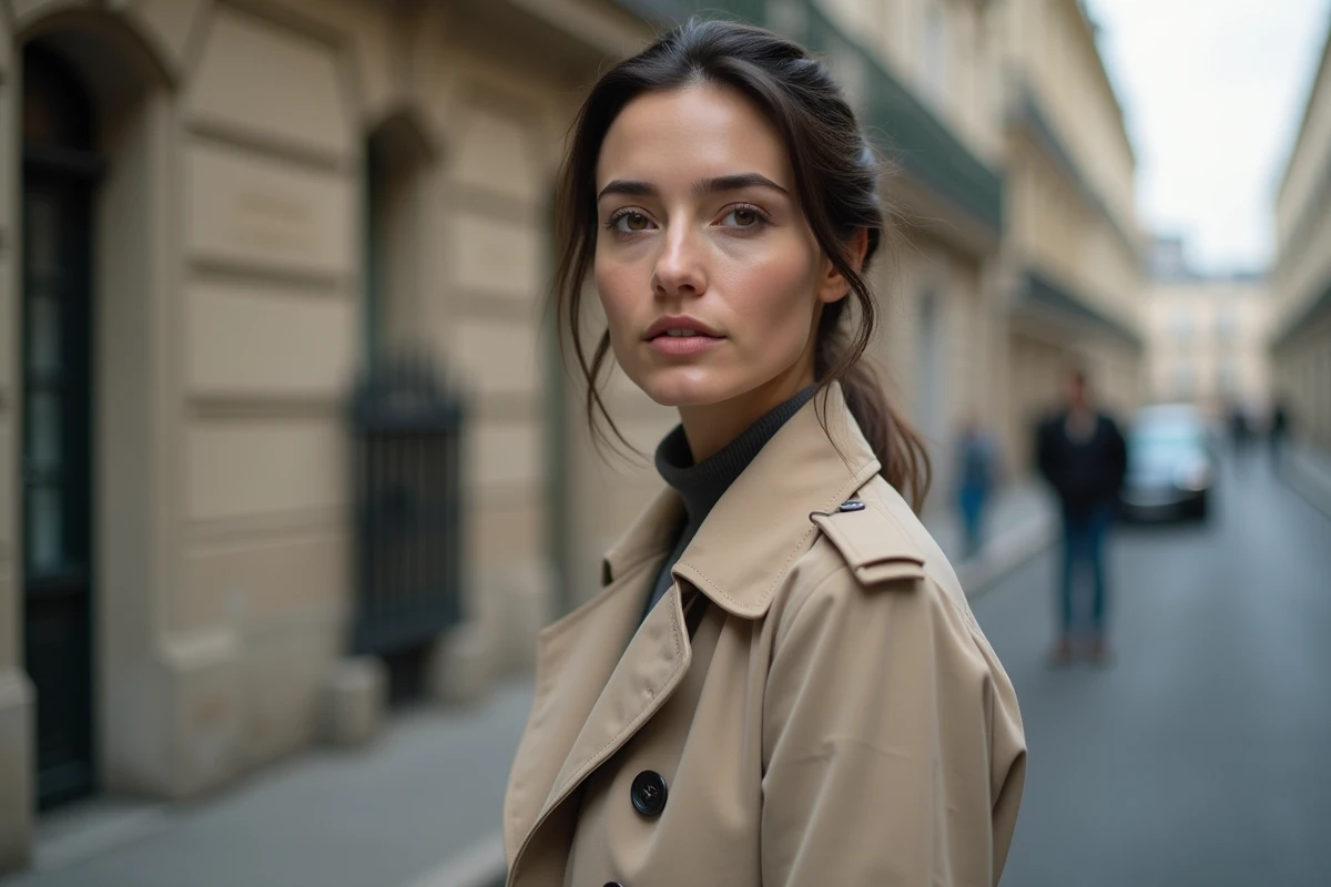 Femme pensive en imperméable beige dans une rue parisienne, évoquant la vie privée et la séparation d'un couple public