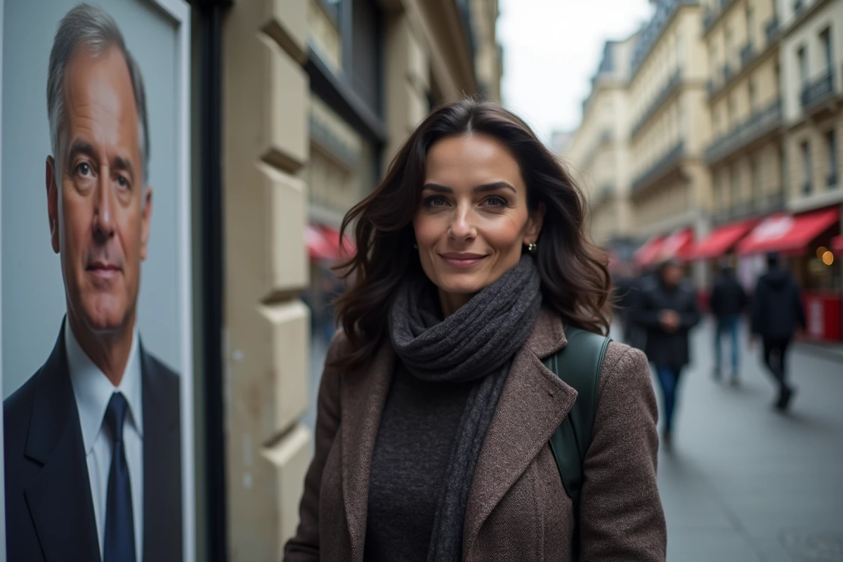 Femme dans la rue parisienne avec affiche politique