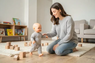 Jeune femme aidant un poupon marcheur à se tenir debout sur un parquet en bois dans un salon moderne