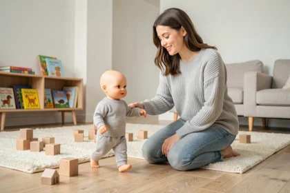 Jeune femme aidant un poupon marcheur à se tenir debout sur un parquet en bois dans un salon moderne