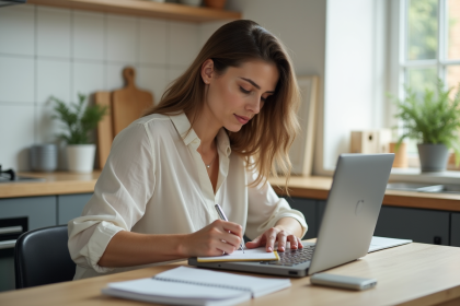 Femme assise à la cuisine en pleine réflexion et planification