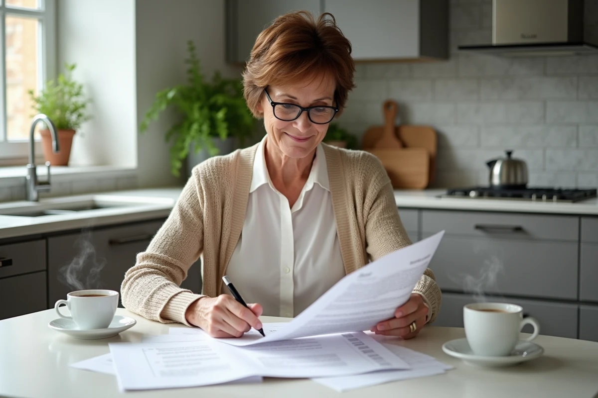 Femme relisant un testament olographe avec plusieurs pages sur une table de cuisine moderne