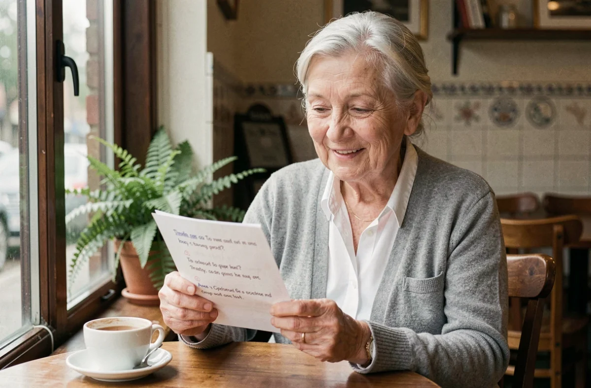 Femme senior souriante lisant une carte de quiz amoureux dans un café, tasse de thé posée sur la table près de la fenêtre