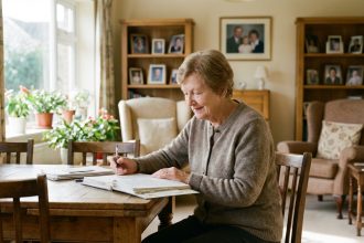 Femme senior en revue de papiers dans un salon lumineux