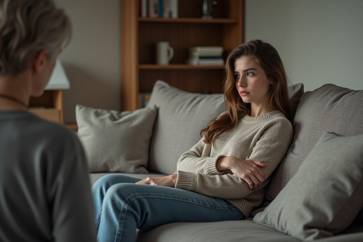 Jeune femme triste sur un canapé dans un salon moderne