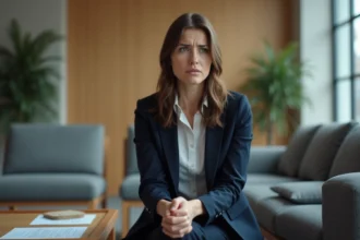 Femme stressée assise dans une salle d'attente de cabinet d'avocat avec des documents juridiques, illustrant une situation d'accusation liée à l'article 375 du Code civil