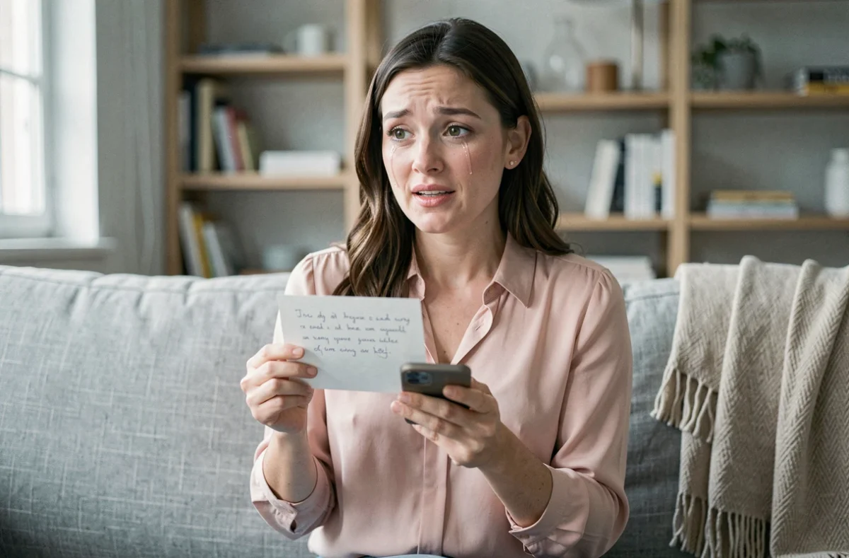 Femme surprise et touchée tenant une carte et un message de demande de marraine à distance dans un salon moderne