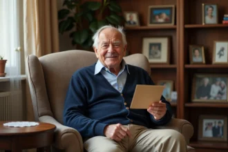 Grand-père français souriant recevant une carte de vœux de son petit-enfant lors de la Fête des Grands-Pères