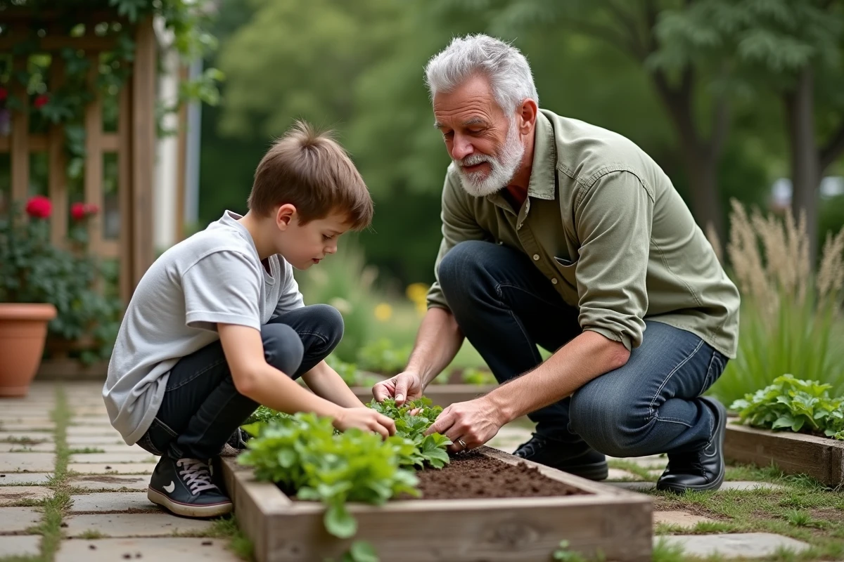 Grand-père et petit-enfant jardinent ensemble dans un jardin français lors de la Fête des Grands-Pères 2026