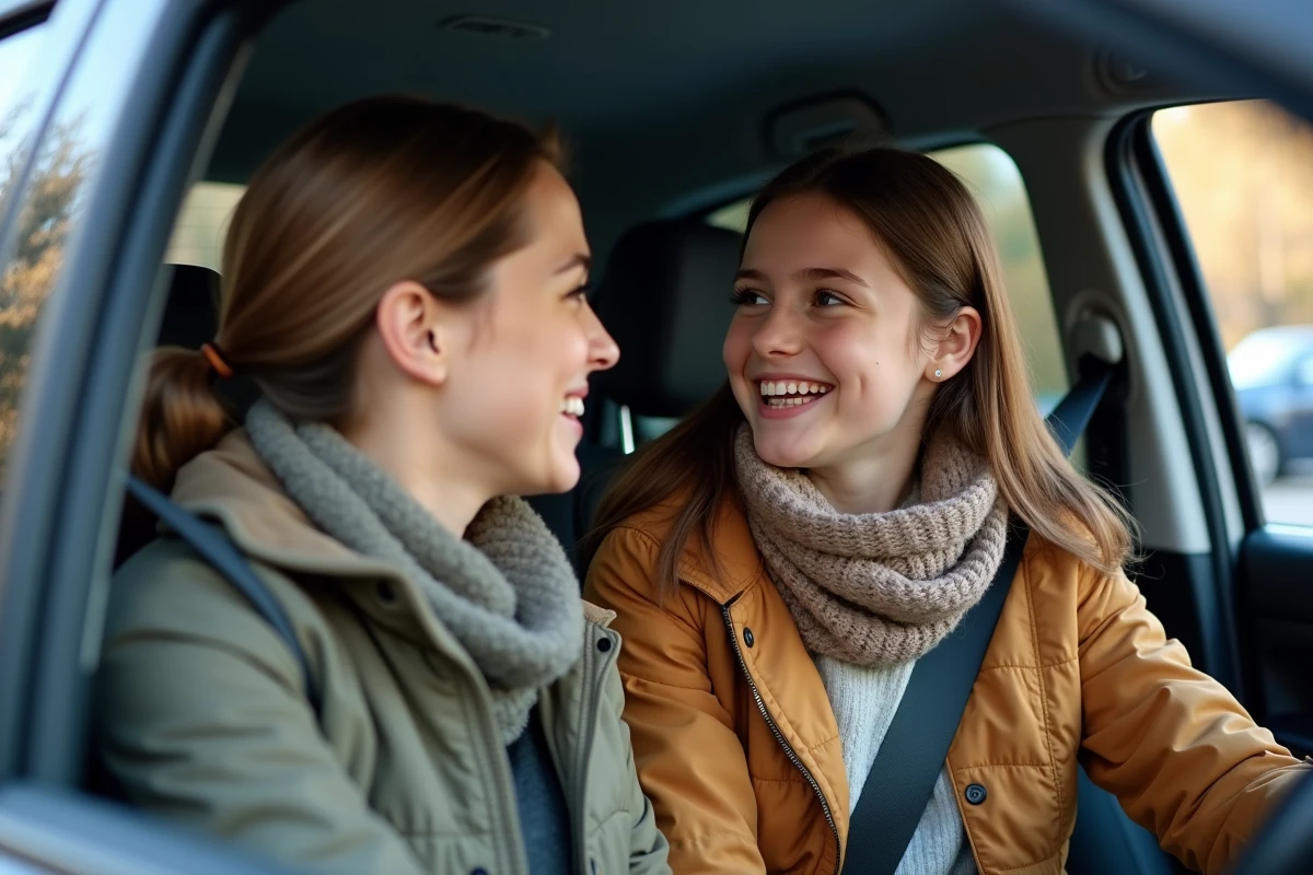Fille adolescente souriante avec sa mère dans la voiture après le rendez-vous