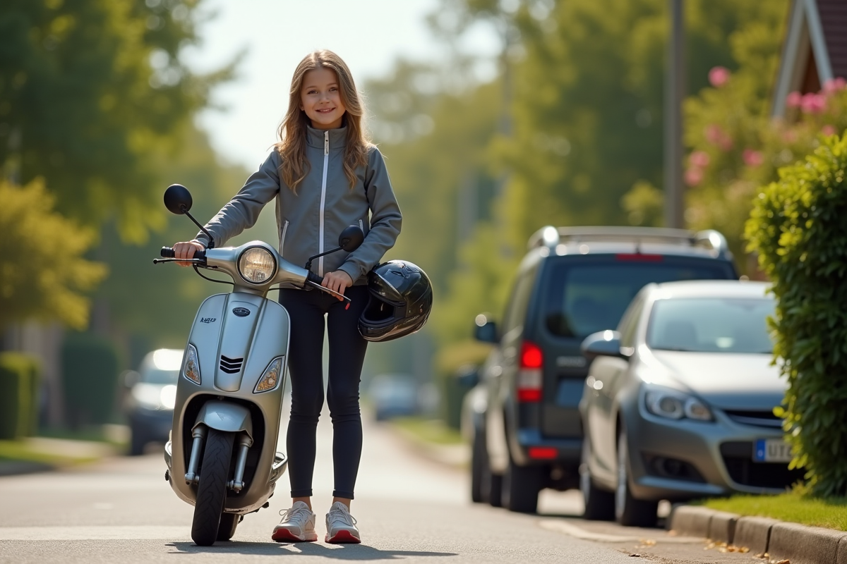 Fille de 14 ans avec moped dans une rue ensoleillee