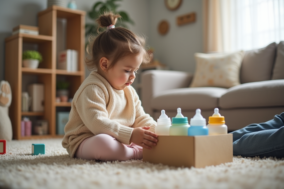 Fille de 2 ans regarde les biberons dans le salon