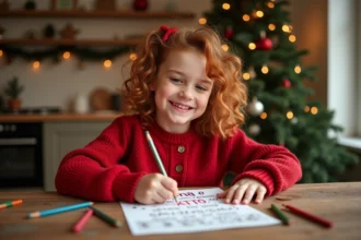 Petite fille coloriante une lettre au père Noël imprimée sur une table en bois décorée pour Noël
