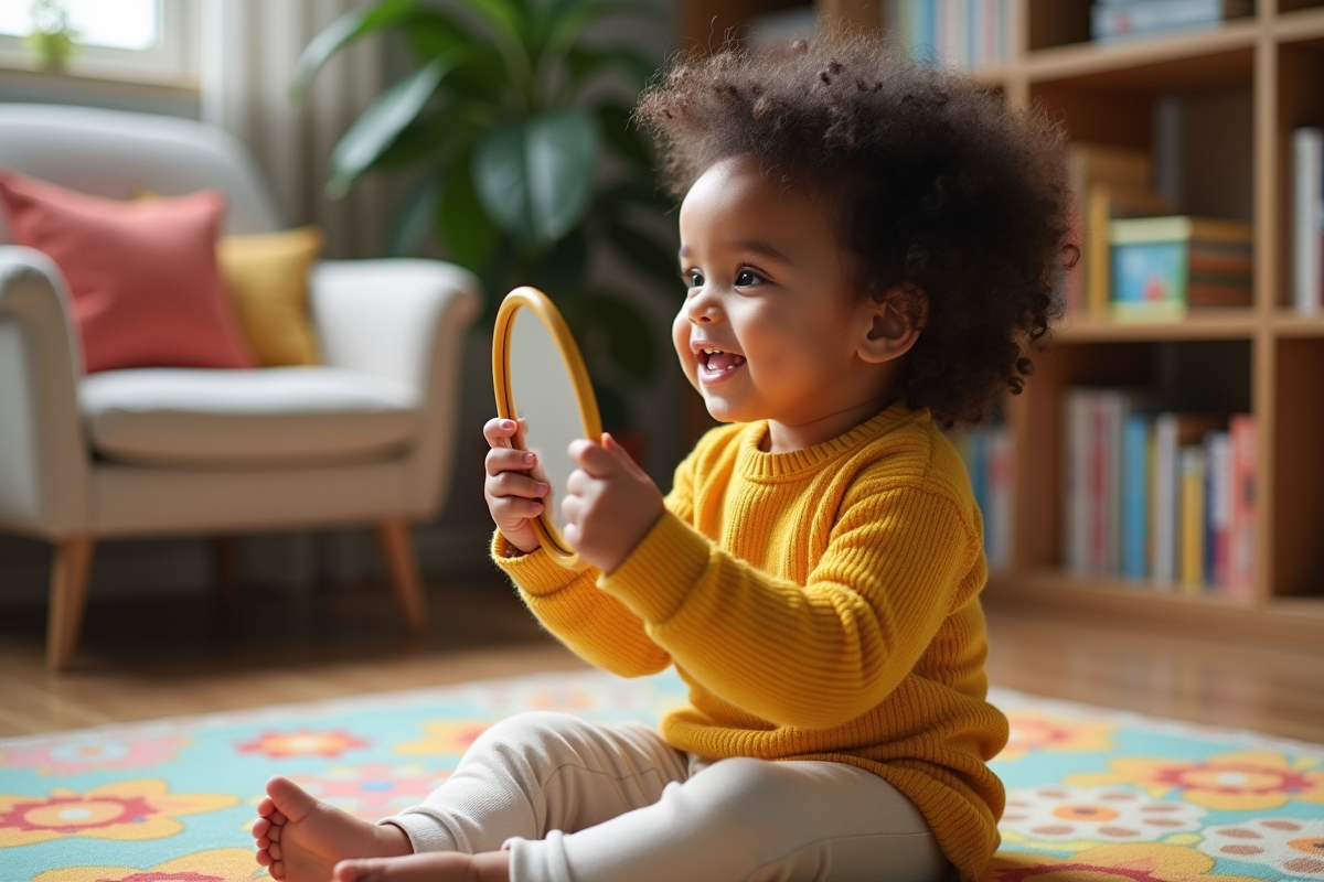 Fille de 4 ans regardant son reflet dans un miroir