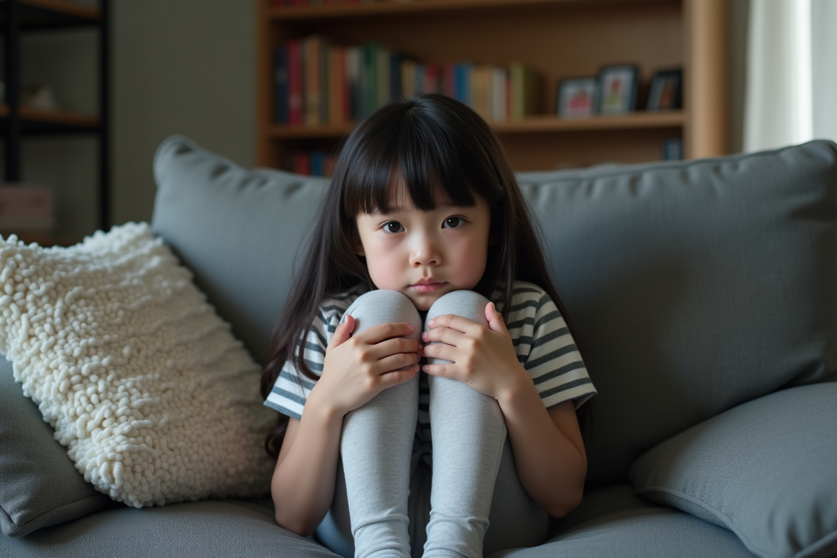 Fille assise sur un canapé dans un salon modeste
