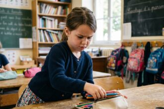 Jeune fille en cardigan organise ses crayons à l'école