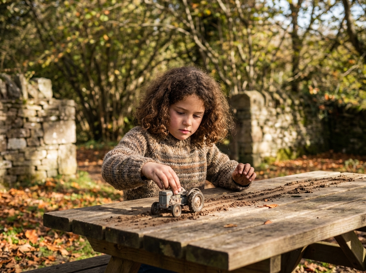 Fille jouant avec des miniatures de machines agricoles dans un jardin d