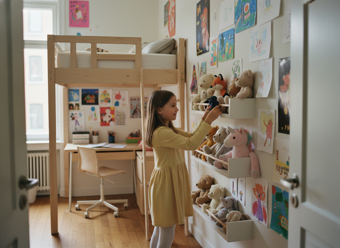 Fille arrangeant des peluches sur une étagère murale
