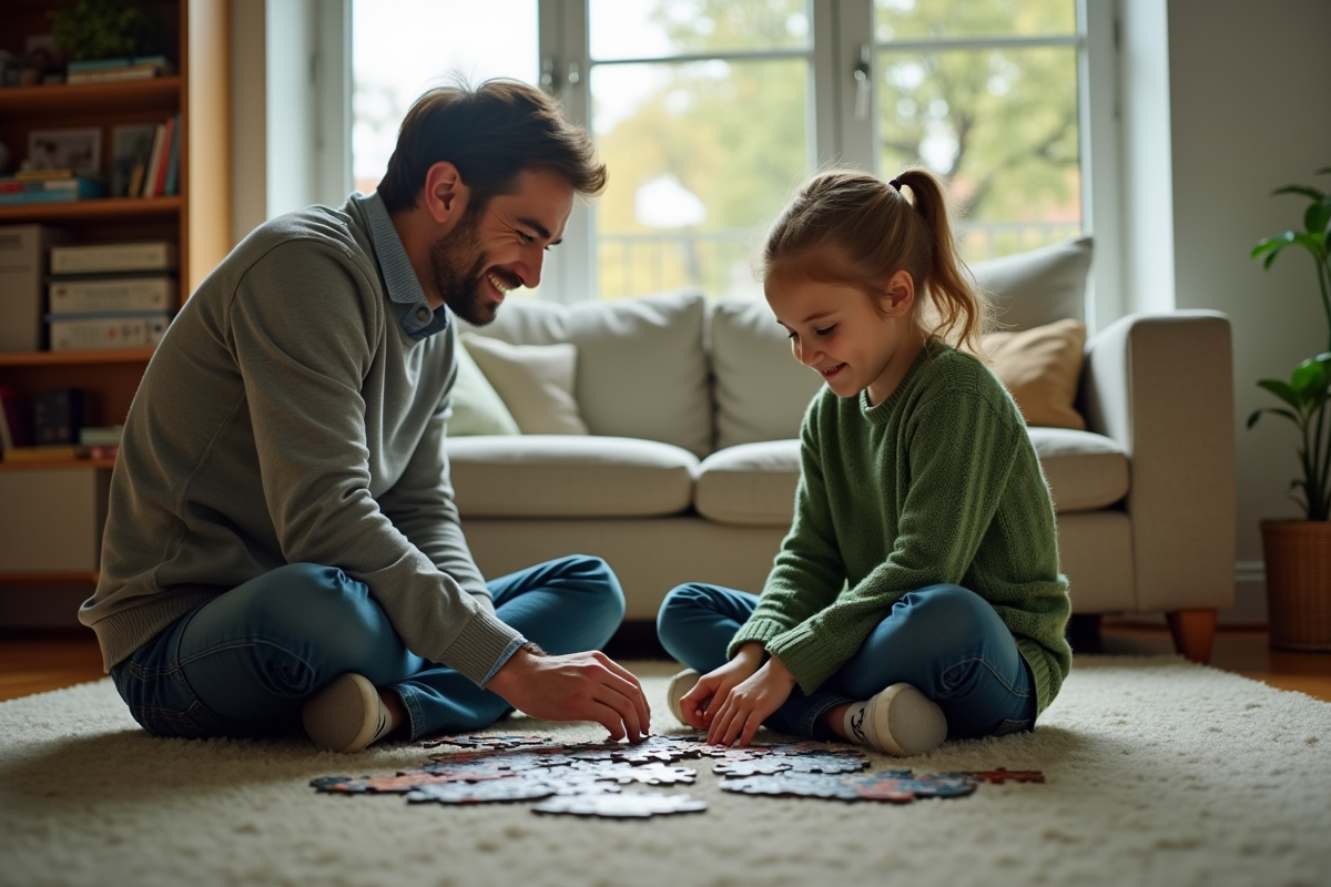 Fille de 11 ans en pull vert assemble un puzzle avec son père