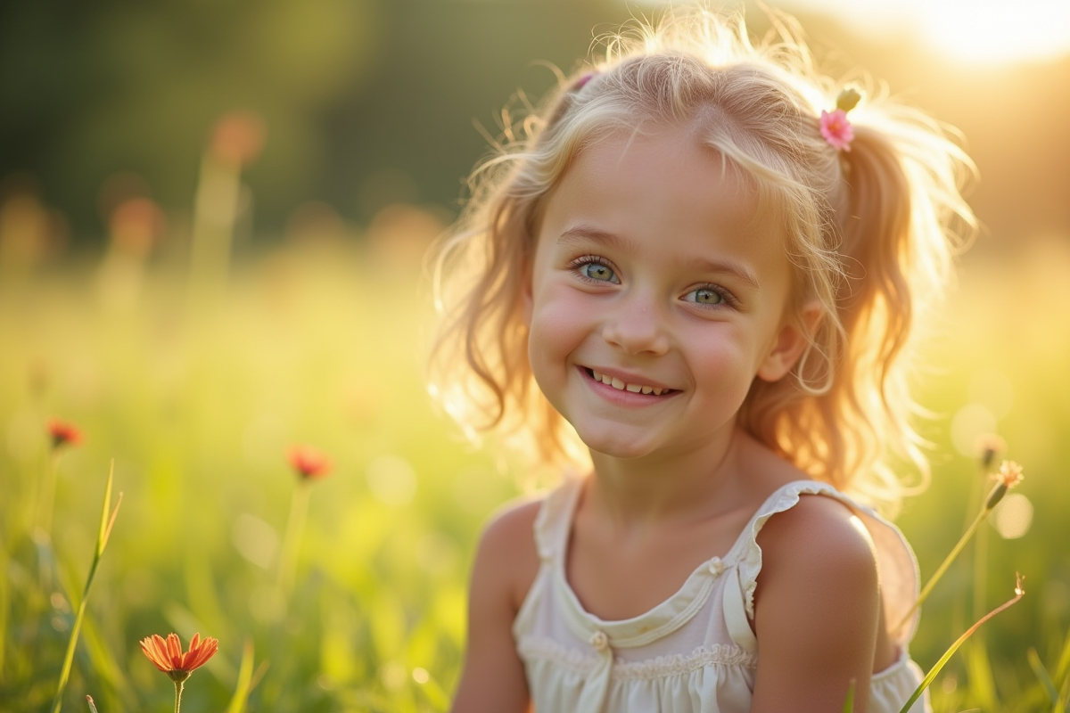 Jeune fille souriante dans un pré ensoleillé