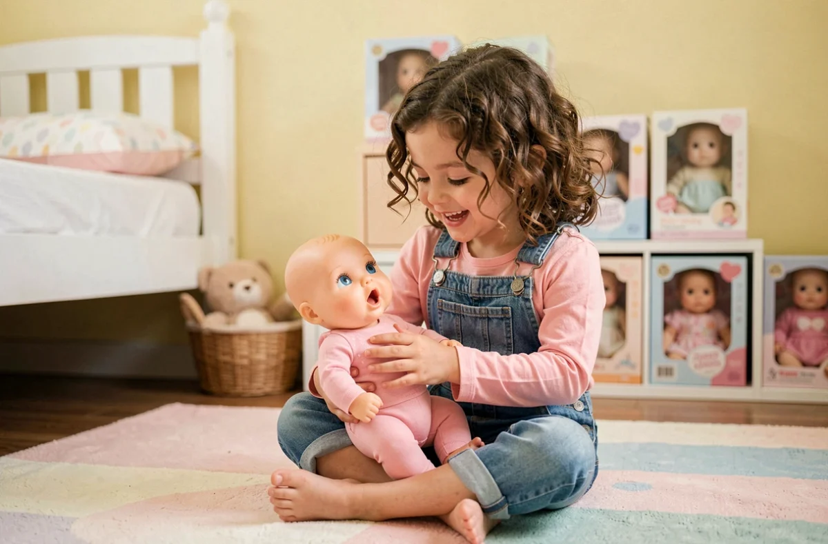 Fillette jouant avec un poupon parlant dans une chambre d'enfant décorée de jouets et de poupées