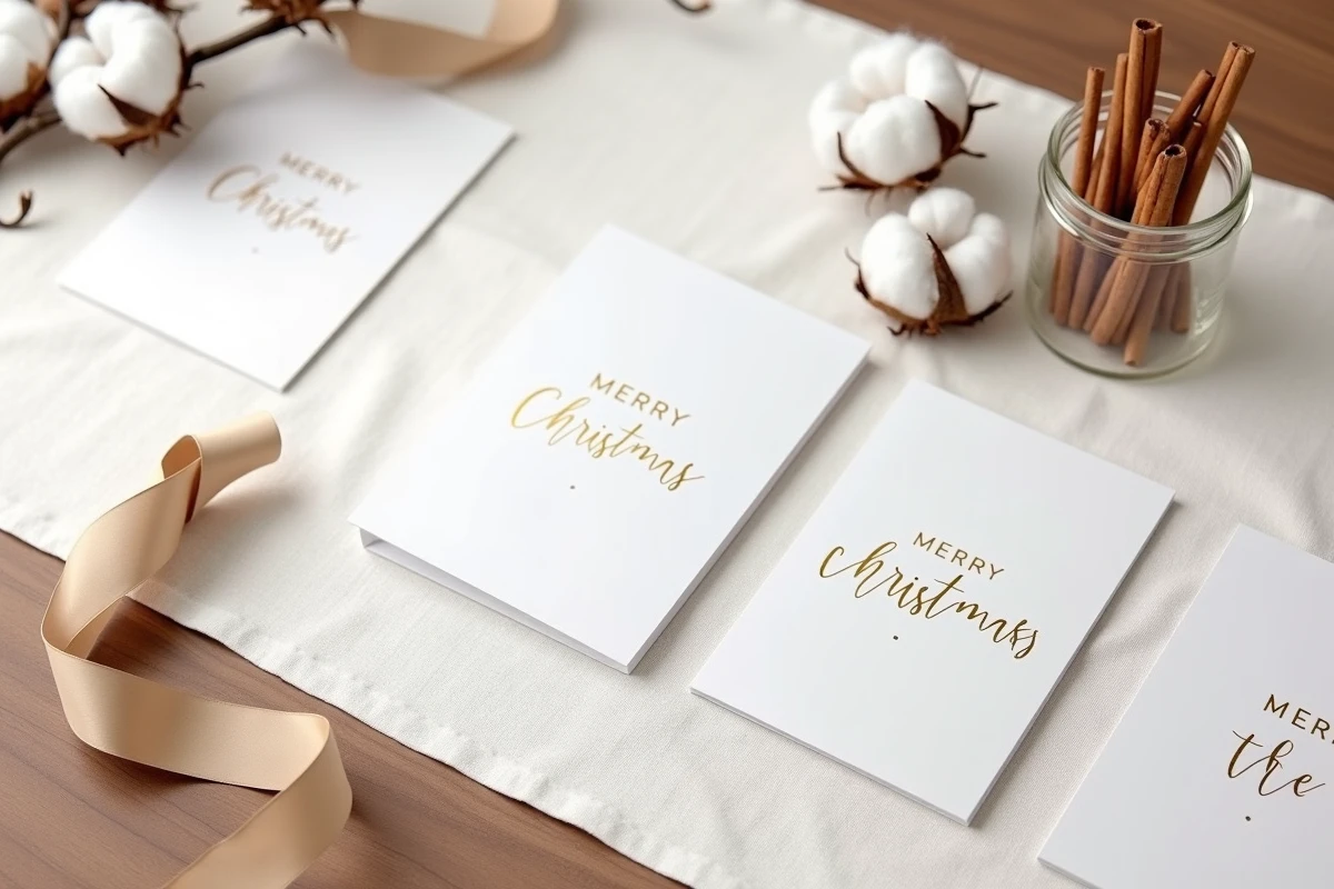 Plusieurs cartes de Noël minimalistes imprimées disposées en flat lay sur nappe en lin avec accessoires naturels dorés