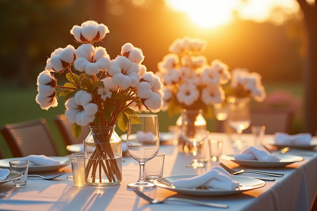 Fleurs de coton élégantes sur une table pour deux au coucher de soleil