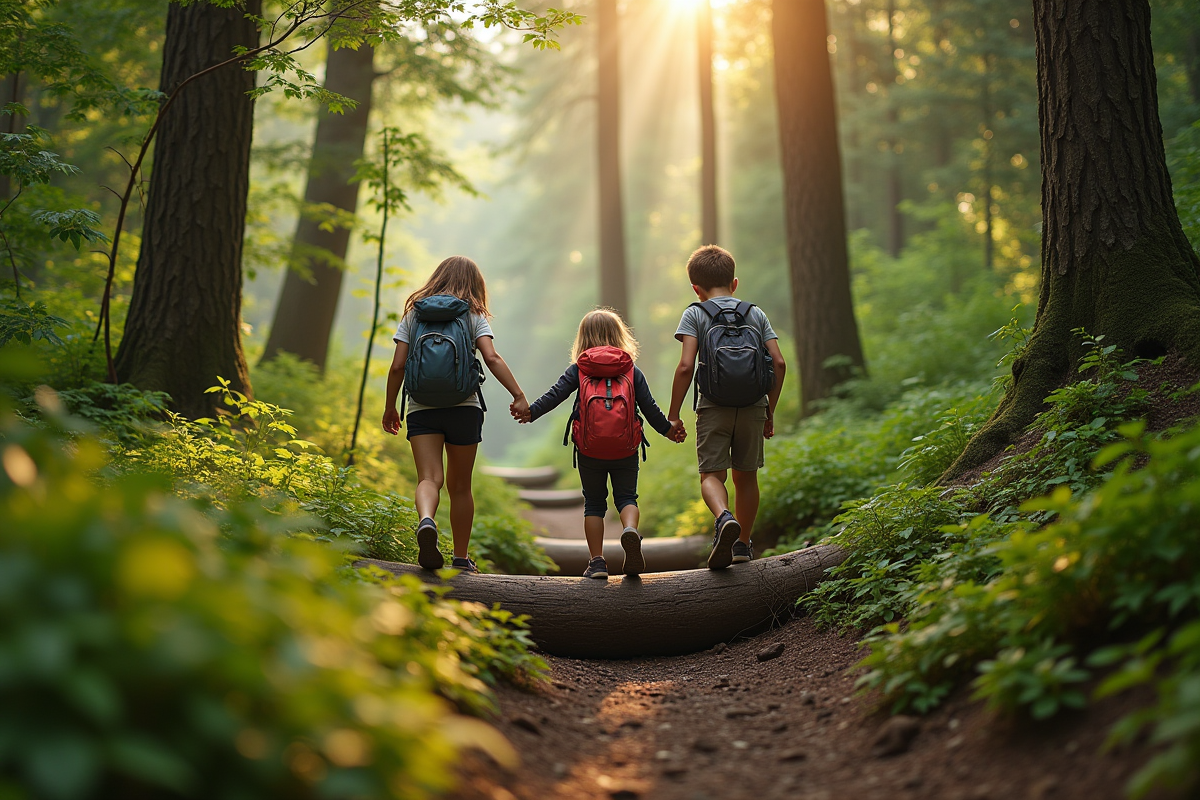 Frères et sœurs en randonnée dans la forêt verte