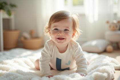 Bébé souriant avec chemise blanche dans une nurserie lumineuse