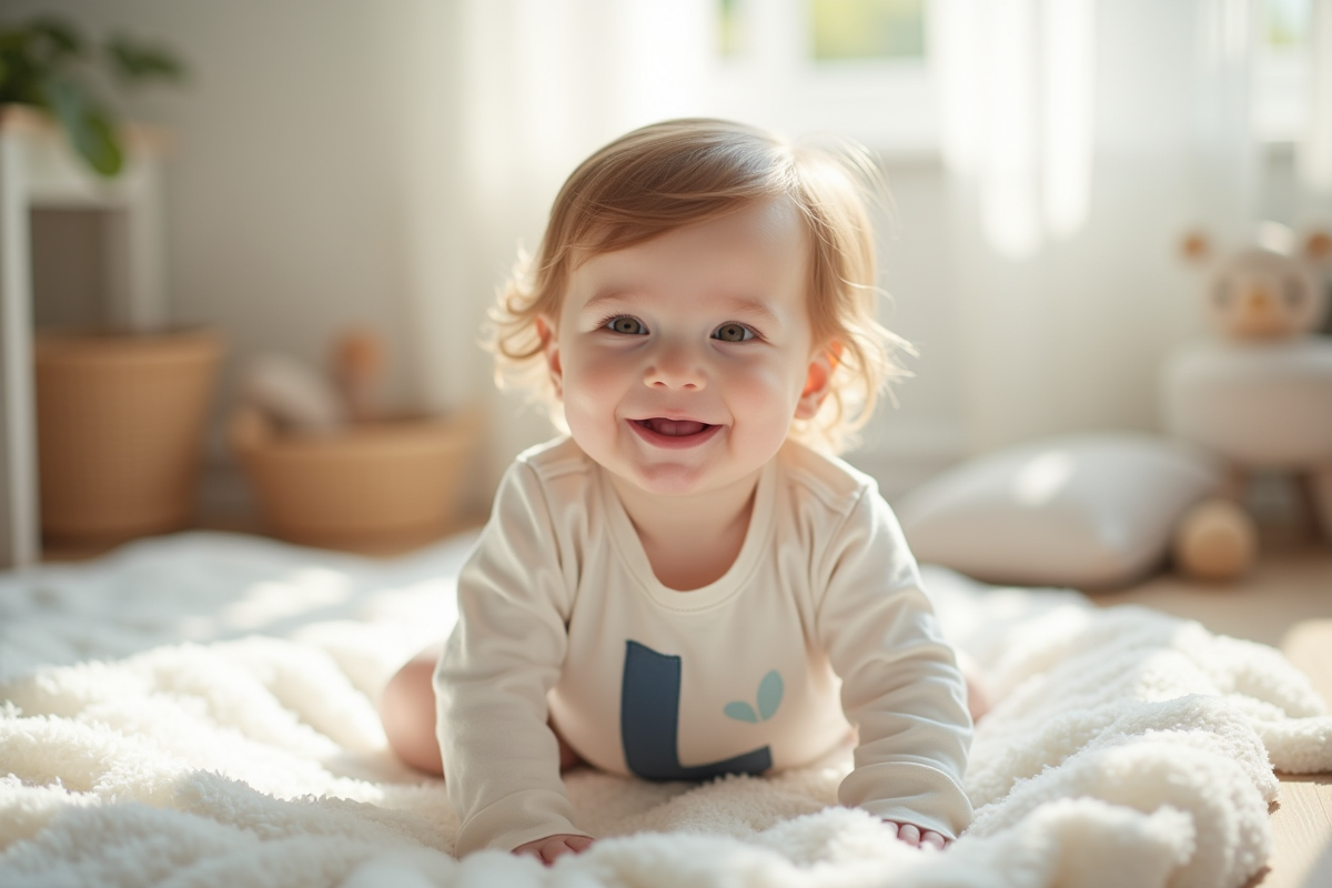 Bébé souriant avec chemise blanche dans une nurserie lumineuse