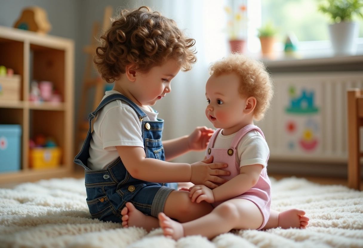 Garçon de quatre ans coiffant un bébé doll dans une salle de jeux lumineuse
