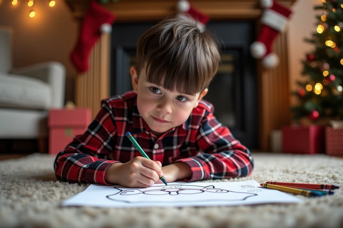Garçon allongé sur un tapis de salon en train de colorier une lettre au père Noël avec des crayons de cire
