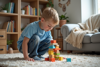 Garçon de sept ans construit une tour de blocs colorés