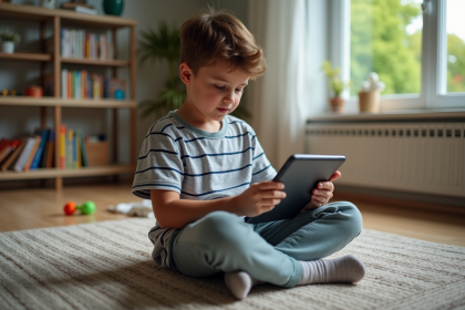 Garçon de sept ans concentré sur une tablette dans le salon