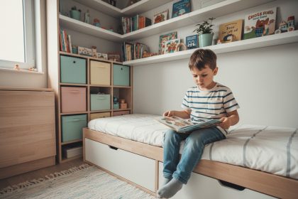 Jeune garçon lisant un livre dans une chambre d'enfant