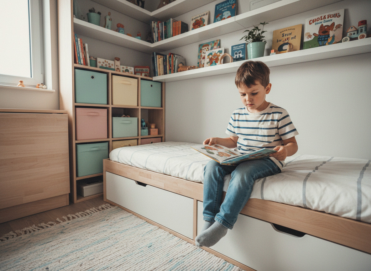 Jeune garçon lisant un livre dans une chambre d'enfant