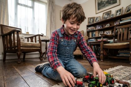 Jeune garçon souriant arrangeant des miniatures de tracteurs dans un salon ancien
